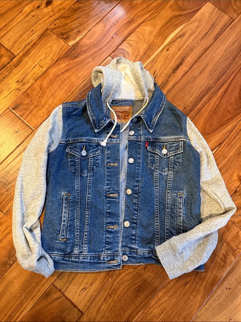 Levi's Blue Denim Jacket with Gray Hoodie Sleeves, Medium, NWOT